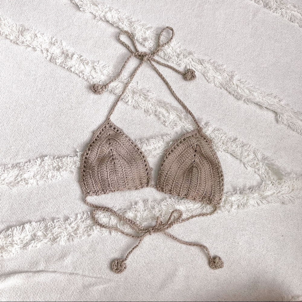 Tan beige taupe neutral crochet bikini top festival top crocheted